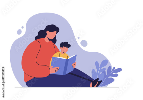 A mother and son share a quiet moment reading together. Soft colors and a modern illustration style create a heartwarming scene. Perfect for family, parenting, and education themes.