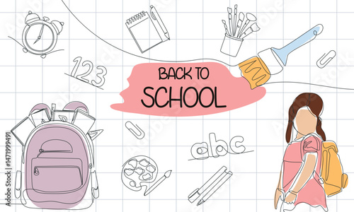 Back to school concept template design. With a linear design style. white background design with school bag and stationery elements. time to go back to school. education