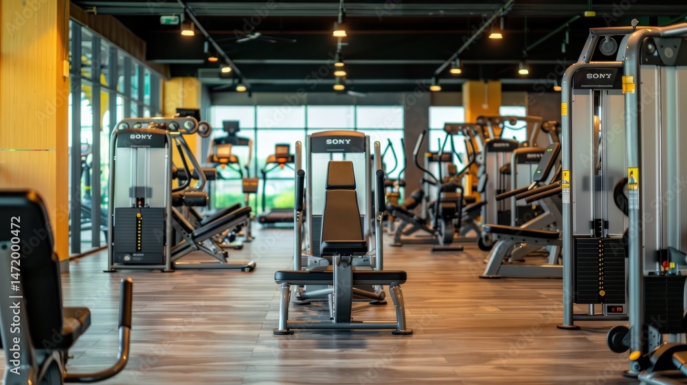 Fototapeta premium Modern gym interior featuring advanced fitness equipment with spacious layout and natural lighting