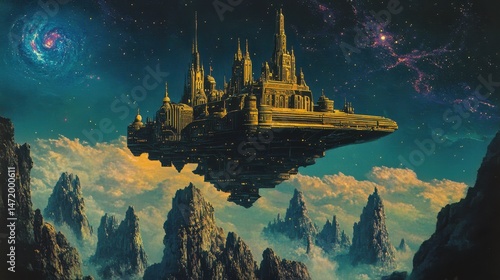 1970â€™s dark fantasy book cover paper art dungeons and dragons style drawing castle spaceship 