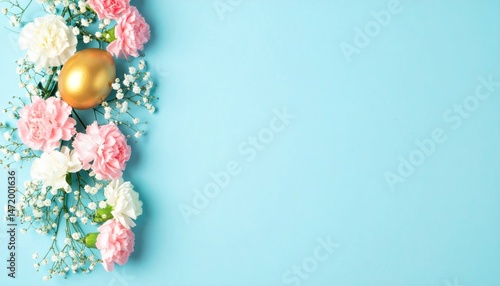 Whimsical Easter Scene Unfolds on a Pristine Light Blue Canvas with Delicate Gypsophila and Soft Floral Accents