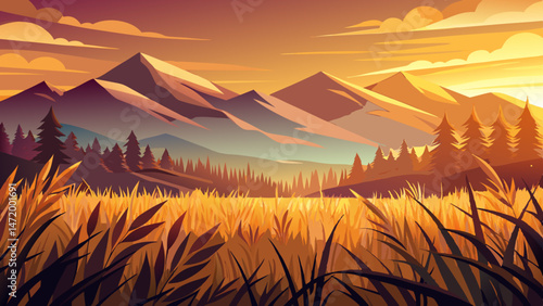 Golden light reflects on tall grass in a serene landscape at sunset with mountains in the background creating a tranquil atmosphere Very beautiful