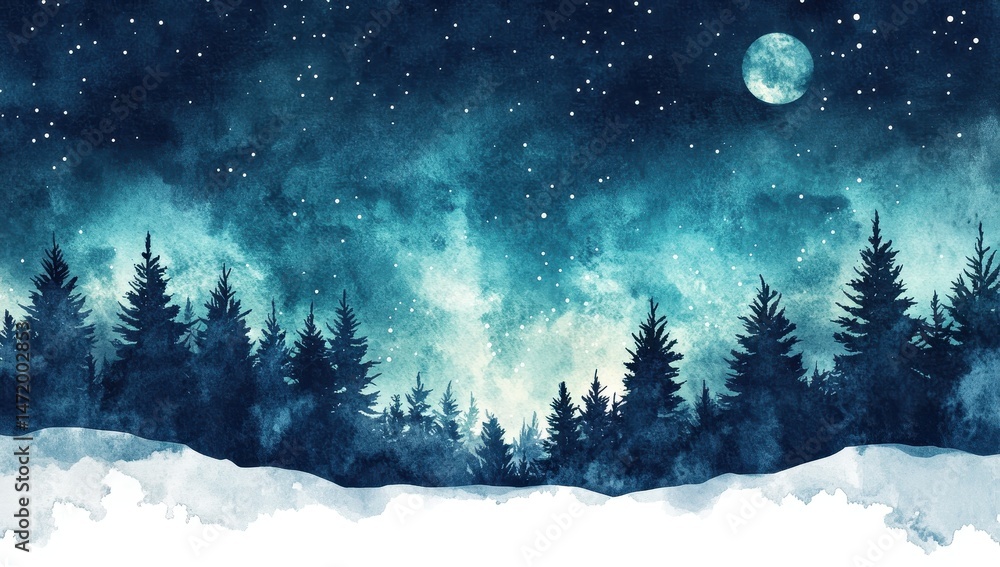 Fototapeta premium Winter Night Scene Watercolor Painting of Snow Covered Trees Under Moonlit Sky with Sparkling Stars in Shades of Blue