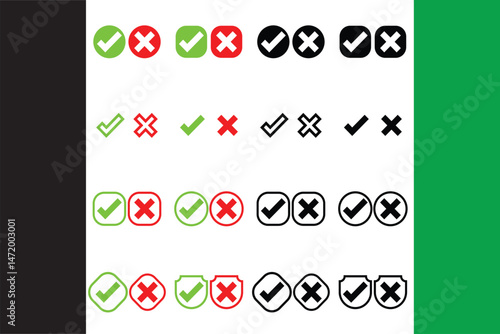 A clean vector set of tick and cross icons in green, red, and black. Ideal for UI design, forms, feedback systems, and visual indicators.