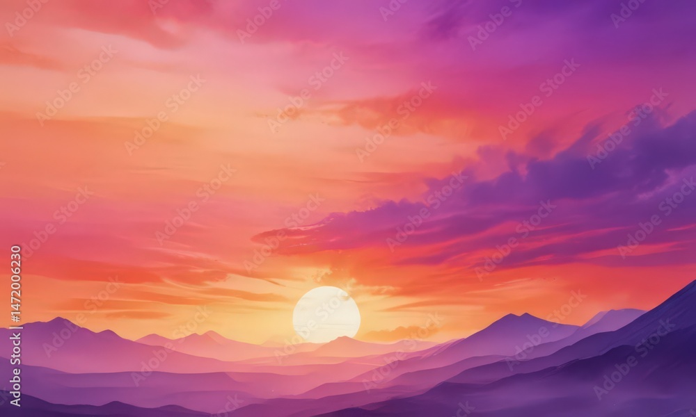 Fototapeta premium Fiery orange and purple sunset hues blend in abstract watercolor wash , amorphous, stunning, dreamy