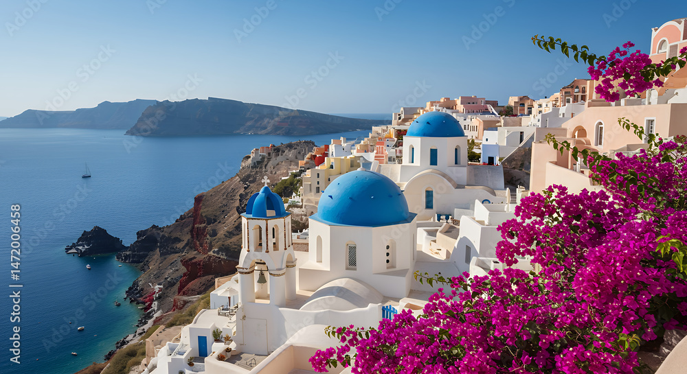 Fototapeta premium Santorini, Greece: Blue Domes & Bougainvillea on Aegean Coast. Travel to Paradise!