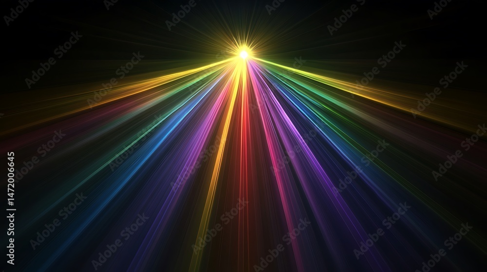 Fototapeta premium Radiating prism rays in subtle rainbow hues with a central glow on black backdrop, cosmic style,