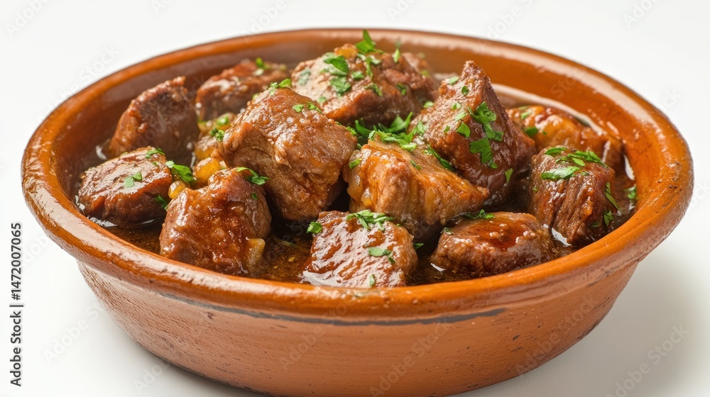 Stewed beef cubes in a brown bowl Stewed beef cubes in a brown bowl