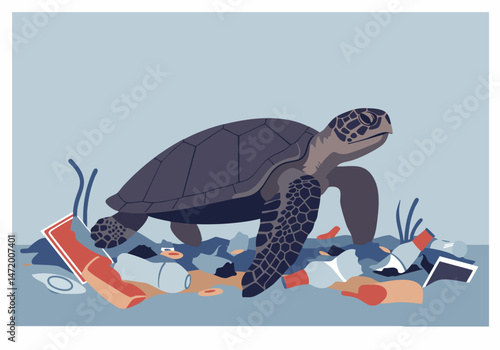 A sea turtle struggles amidst plastic pollution, highlighting the devastating impact on marine life. A clear, impactful illustration for environmental awareness campaigns.