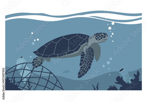 A sea turtle swims amidst plastic debris, highlighting the impact of plastic pollution on marine life. A submerged net adds to the visual distress. A striking illustration.