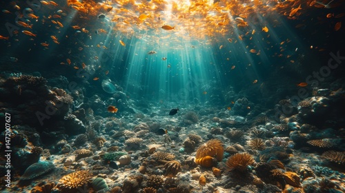 Underwater scene showcasing coral reef and shimmering sunlight  