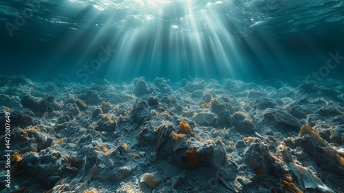 Underwater landscape with coral reef illuminated by sunlight  