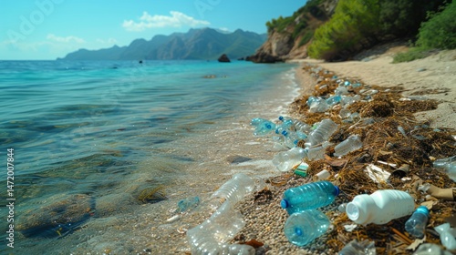 Pollution on Beach Shore with Plastic Waste against Scenic View  