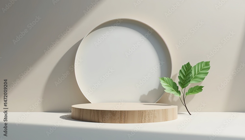 Minimalist Product Display Podium with Natural Light and Green Leaf Minimalist Product Display Podium with Natural Light and Green Leaf