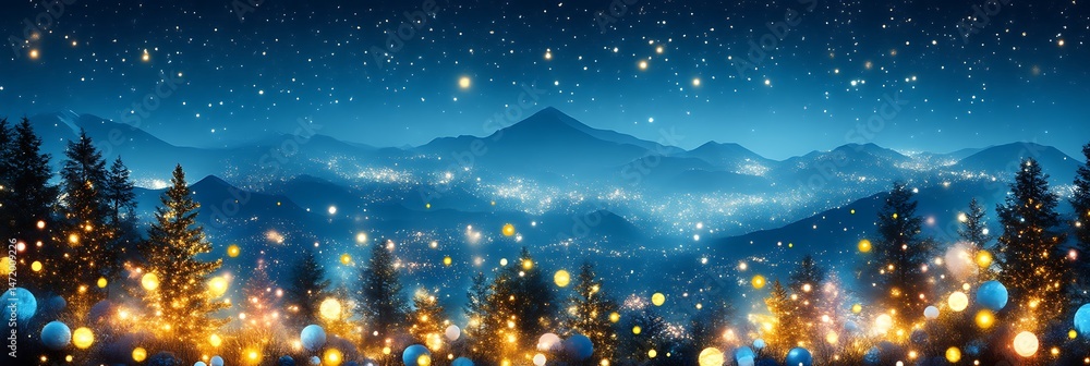 Fototapeta premium Night Mountain Scene with Lights and Trees