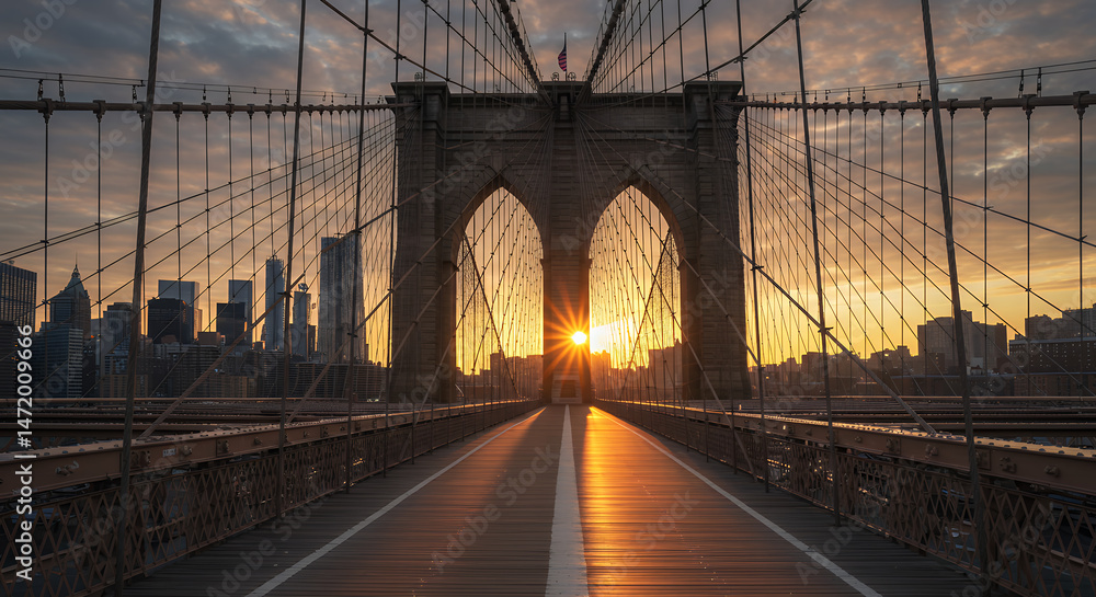 Fototapeta premium Brooklyn Bridge Sunrise: Golden Light Over New York City, Landmark, Architecture & Travel Photography