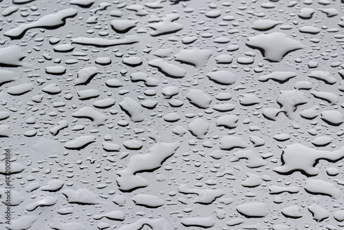 Raindrops Background texture on glass create a captivating gray background in a tranquil setting during a rainy day