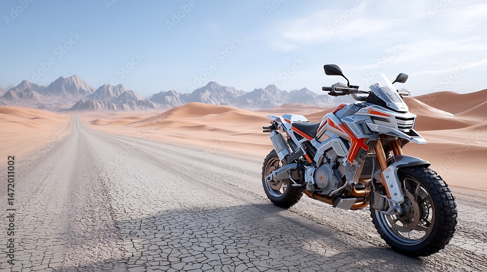 Obraz premium Adventure Motorcycle on Desert Road Majestic Mountain Landscape