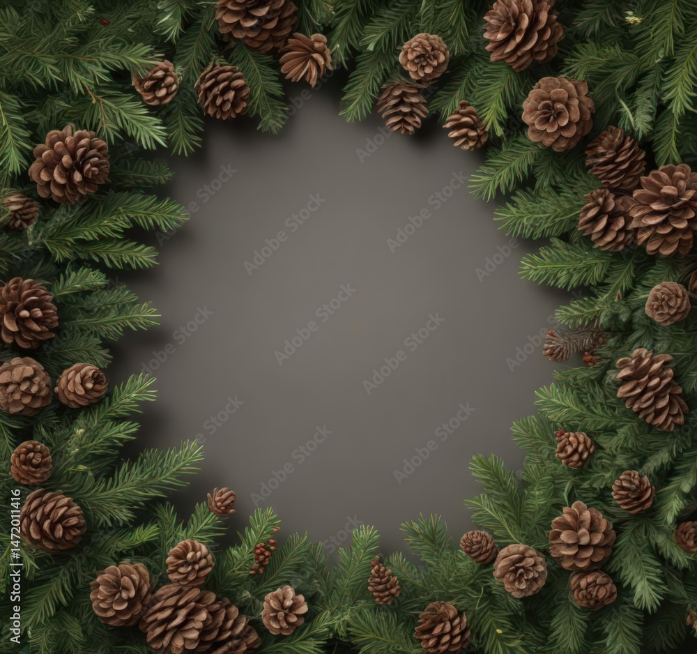 Fototapeta premium Densely packed fir boughs and textured pine cones create a festive Christmas border , design element, pattern, traditional