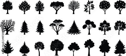 Various deciduous tree silhouettes on white background. vector set. PNG on white background