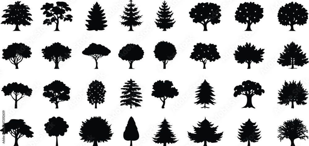 Fototapeta premium Various deciduous tree silhouettes on white background. vector set. PNG on white background