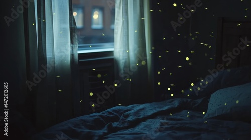 Wallpaper Mural Glowing fireflies hovering in dark bedroom creating magical atmosphere, symbolizing insomnia, restless nights and dreamy thoughts. Concept of sleep disorder and nocturnal wonder. Torontodigital.ca