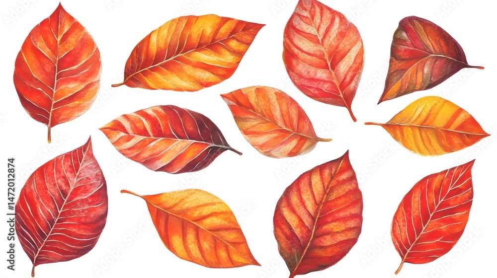 Fototapeta premium Autumn Watercolor Leaves Collection Red Orange Yellow Fall Foliage