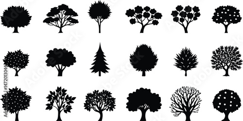Various deciduous tree silhouettes on white background. vector set. PNG on white background