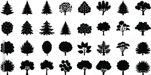Various deciduous tree silhouettes on white background. vector set. PNG on white background
