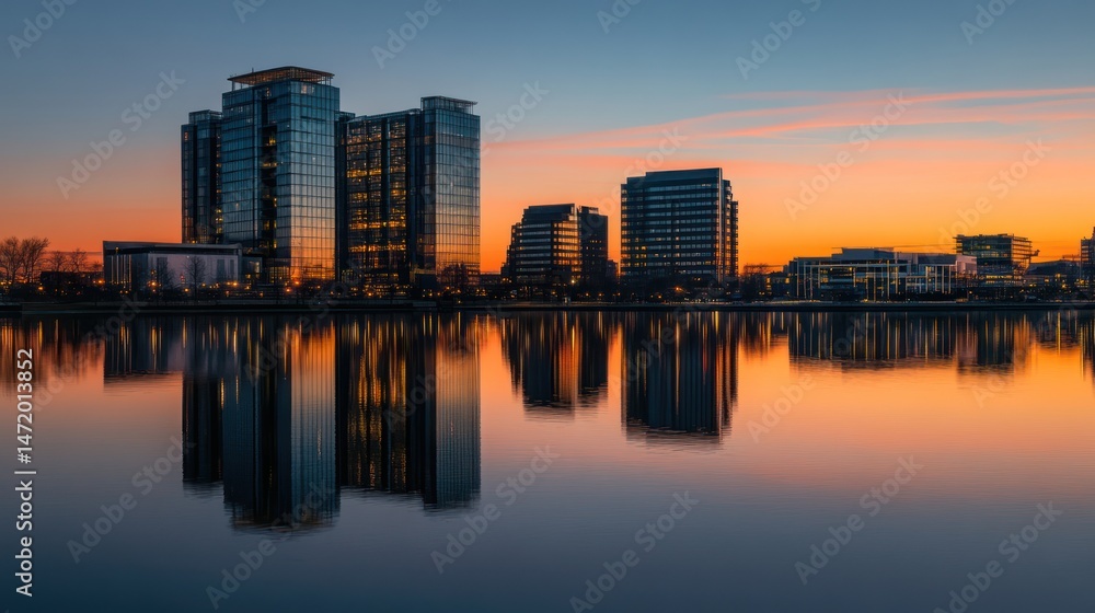 Fototapeta premium City skyline reflected in tranquil water at sunset.