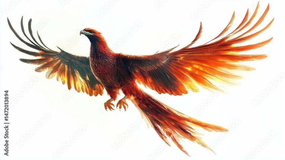 Obraz premium a phoenix, viewed from bellow, white background, dramatic lighting, backlit 