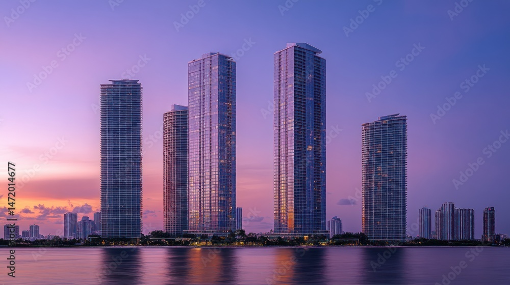 Fototapeta premium Sunset cityscape view of tall buildings by the water.