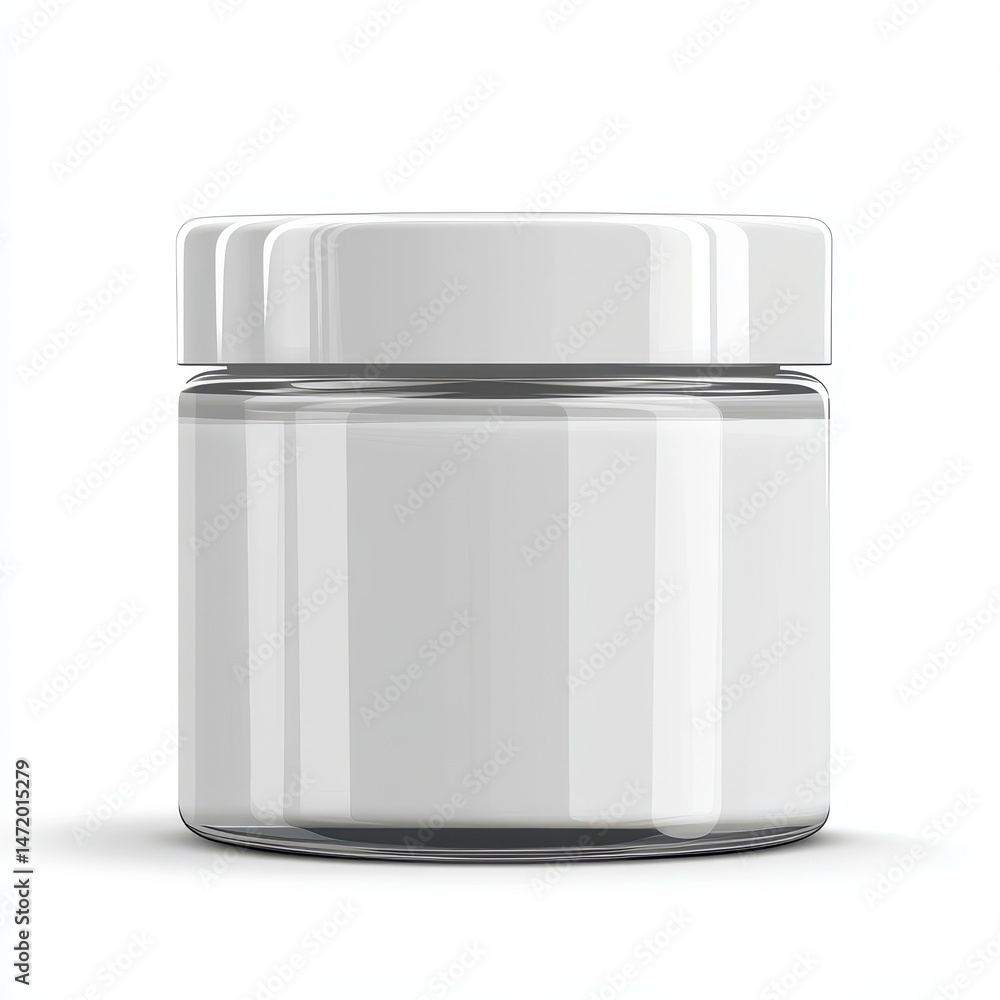 Empty, clear glass jar with white lid. A cosmetic or beauty product container, ready for branding Empty, clear glass jar with white lid. A cosmetic or beauty product container, ready for branding