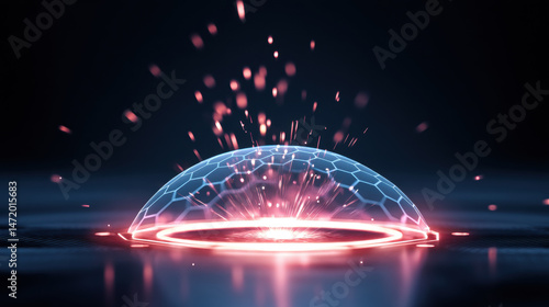 Glowing futuristic shield dome with hexagonal patterns emits bright sparks and light effects, creating magical and protective energy barrier in dark environment