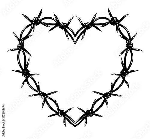 Heart made of barbed wire black and white illustration. The concept of a broken heart, emotional isolation or inner struggle. photo