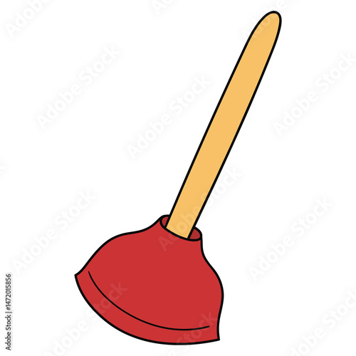 Hand drawn cartoon red toilet plunger on white background.