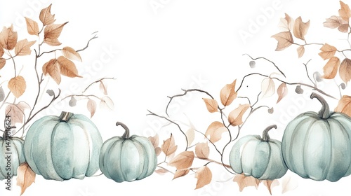 Elegant seasonal watercolor composition with autumn leaves and soft blue pumpkins