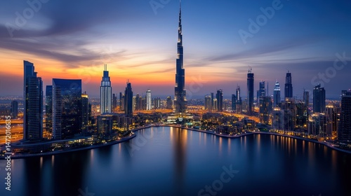 Panoramic view of a modern metropolis at twilight.