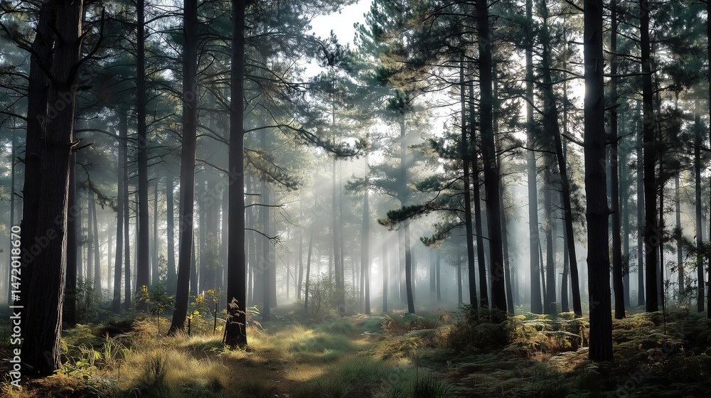 Fototapeta premium serene pine forest covered in morning fog. Tall trees fade into the mist, soft rays of sunlight peek through the branches, and the forest floor is damp and peaceful 