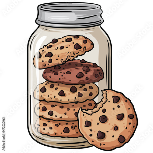 Glass jar with chocolate chip cookies isolated vector illustration on white background