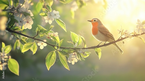A sunlit tree branch with blooming flowers, a close up of a big robin perched mid-song, 