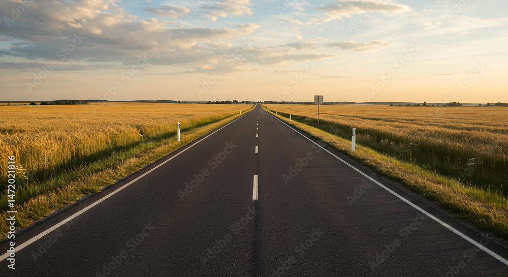 Fototapeta premium Golden Road: Scenic Drive Through Wheat Fields at Sunset - Serene Countryside Landscape