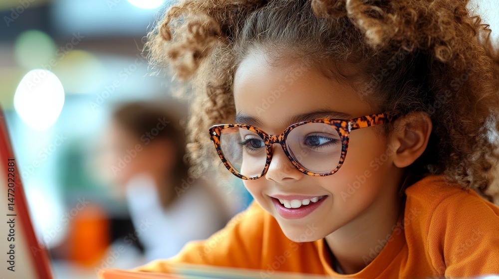 A young girl wearing glasses is smiling and looking at a book A young girl wearing glasses is smiling and looking at a book