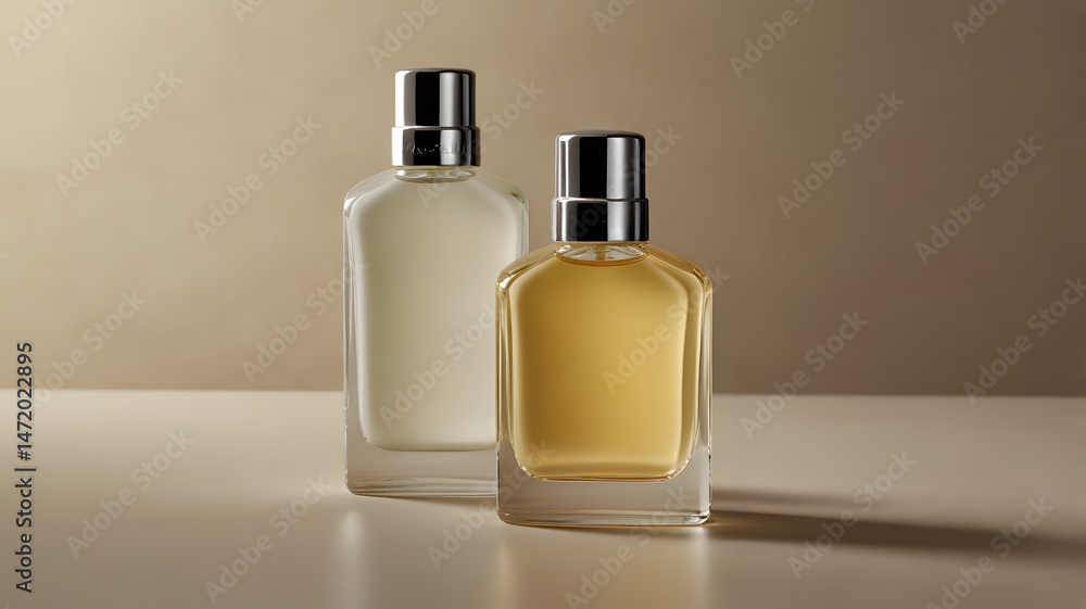 A photograph of a sleek skincare bottle centered on a seamless cream-colored background. A photograph of a sleek skincare bottle centered on a seamless cream-colored background.