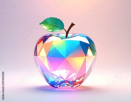 A sparkling crystal apple with faceted gemstone-like surfaces, glowing with soft pastel rainbow hues