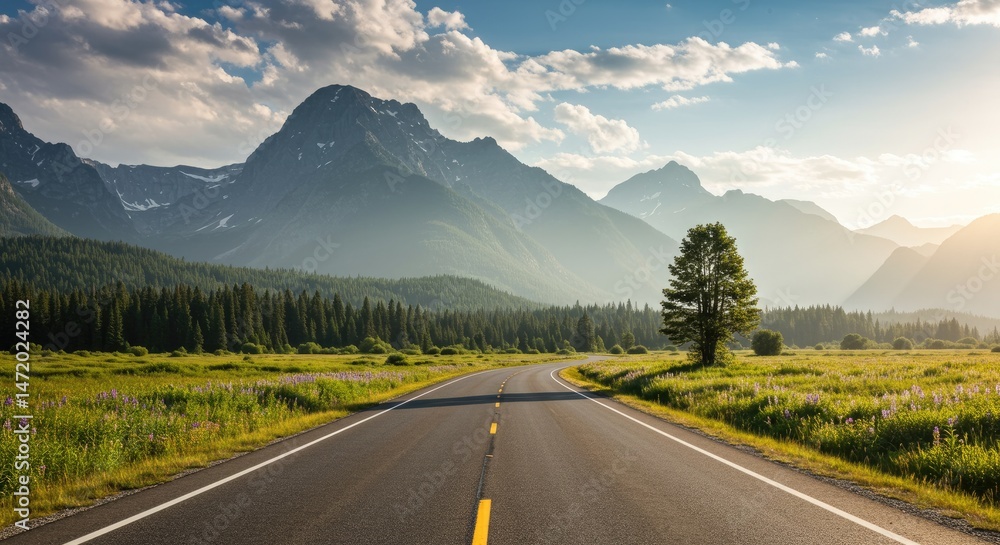 Fototapeta premium Scenic mountain road through a valley. Sunrise or sunset light illuminates the landscape