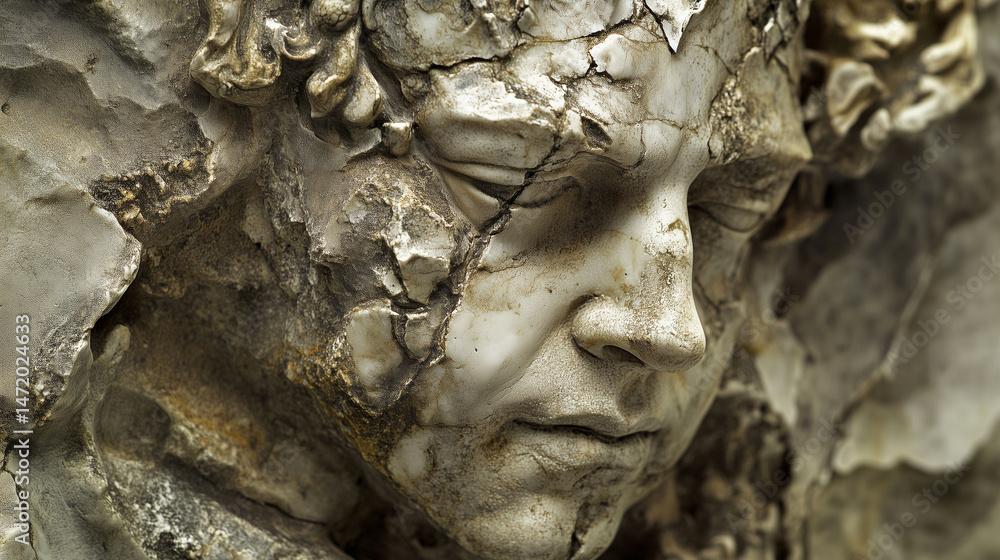 Detailed shot of ancient marble sculpture, surface aged and weathered.