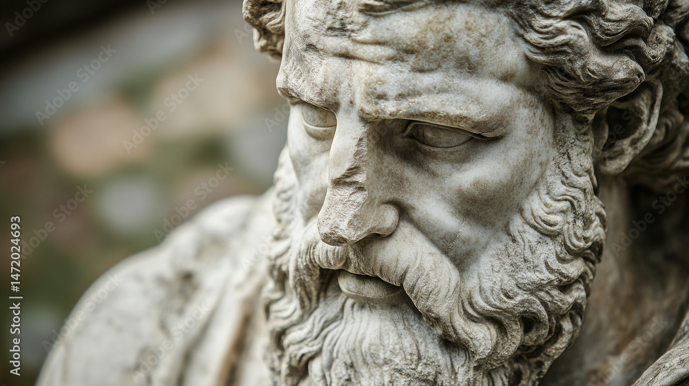 Detailed shot of ancient marble sculpture, surface aged and weathered.
