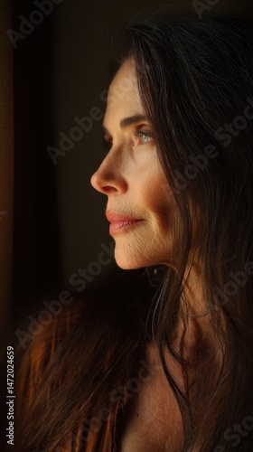 Profile view of a woman gazing thoughtfully.