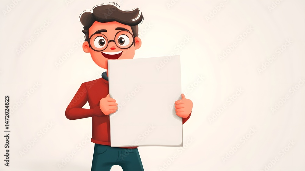 Cheerful Cartoon with Empty Poster Cheerful Cartoon with Empty Poster
